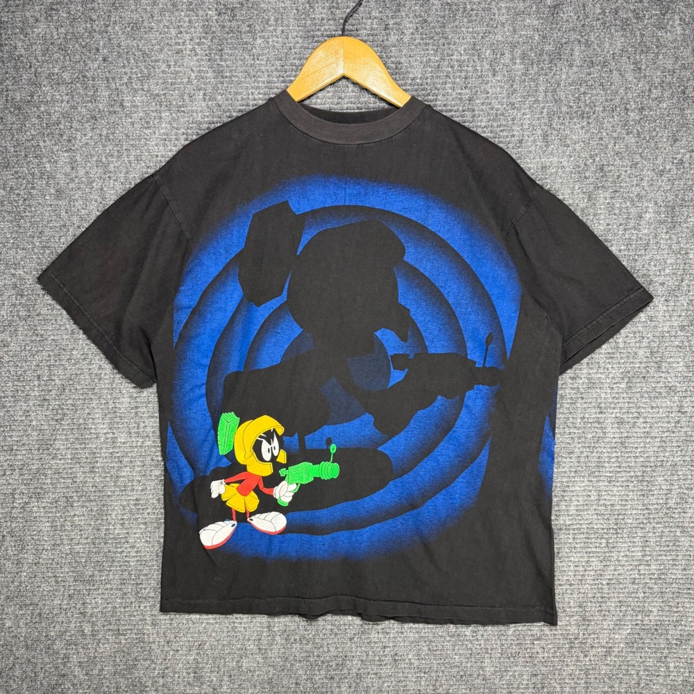 Vintage Marvin the Martian Looney Tunes Graphic T-Shirt Black Large Double Sided